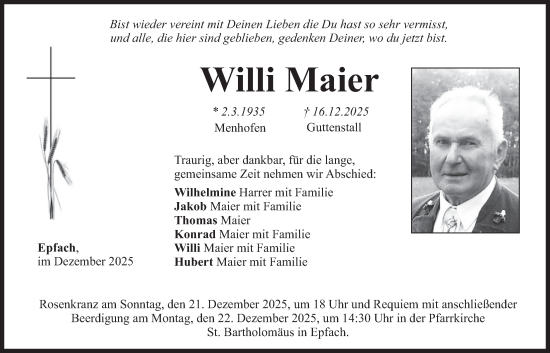Traueranzeige von Willi Maier von merkurtz