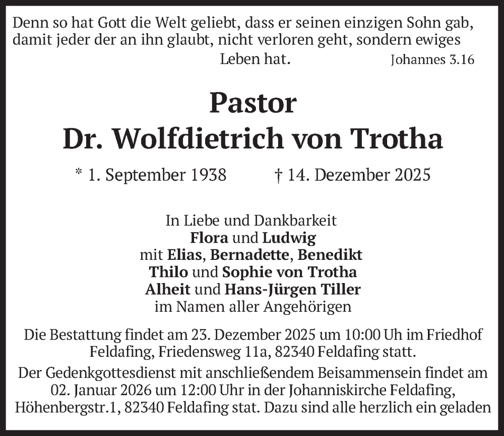  Traueranzeige für Wolfdietrich von Trotha vom 20.12.2025 aus merkurtz