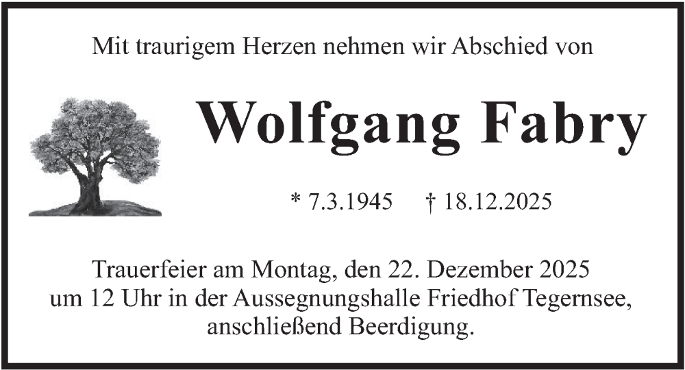  Traueranzeige für Wolfgang Fabry vom 20.12.2025 aus merkurtz