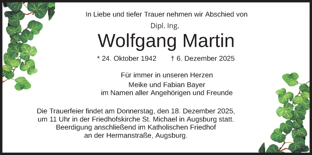 Traueranzeige für Wolfgang Martin vom 13.12.2025 aus merkurtz