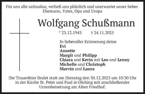 Traueranzeige von Wolfgang Schußmann von merkurtz