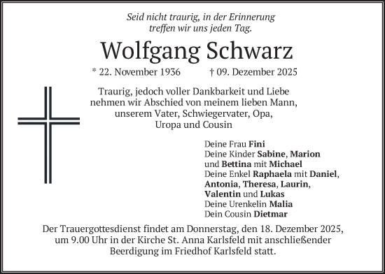 Traueranzeige von Wolfgang Schwarz von merkurtz