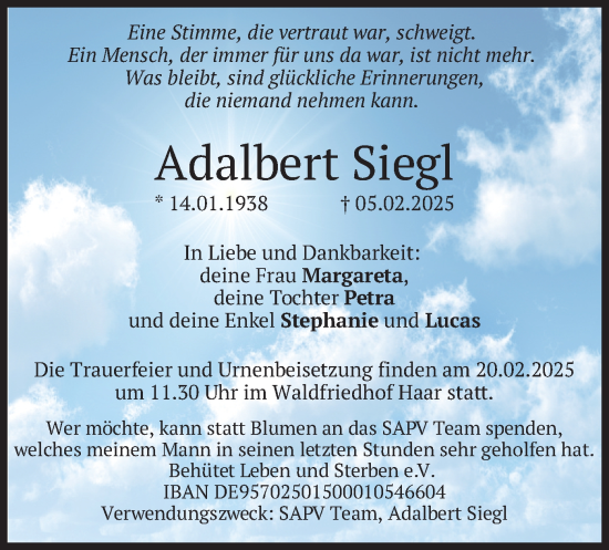 Traueranzeige von Adalbert Siegl von merkurtz