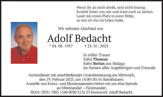 Traueranzeige von Adolf Bedacht von merkurtz