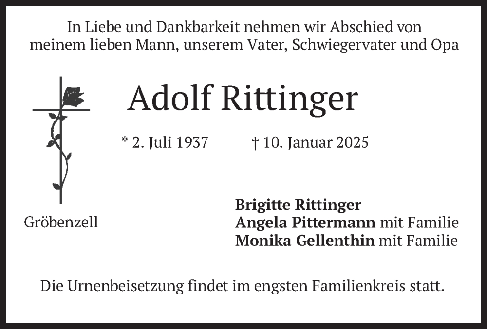  Traueranzeige für Adolf Rittinger vom 15.02.2025 aus merkurtz