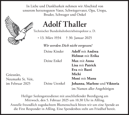 Traueranzeige von Adolf Thaller von merkurtz