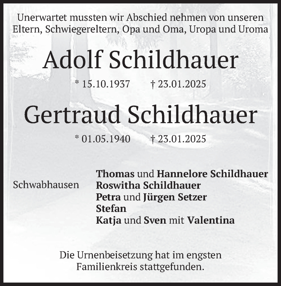  Traueranzeige für Adolf und Gertraud Schildhauer vom 15.02.2025 aus merkurtz