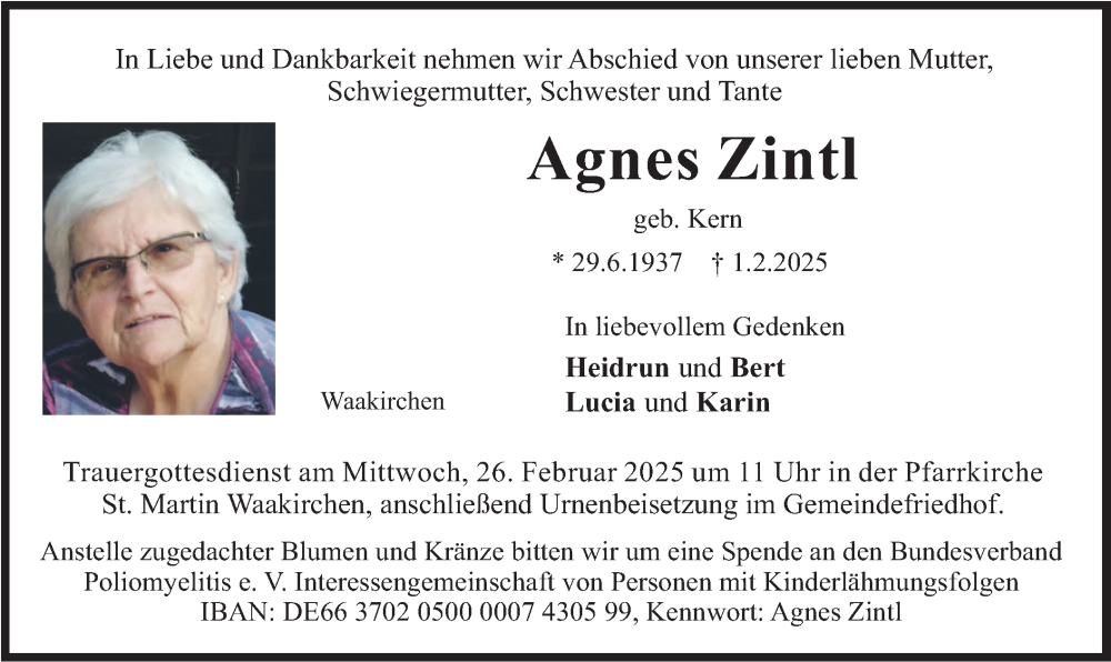  Traueranzeige für Agnes Zintl vom 22.02.2025 aus merkurtz