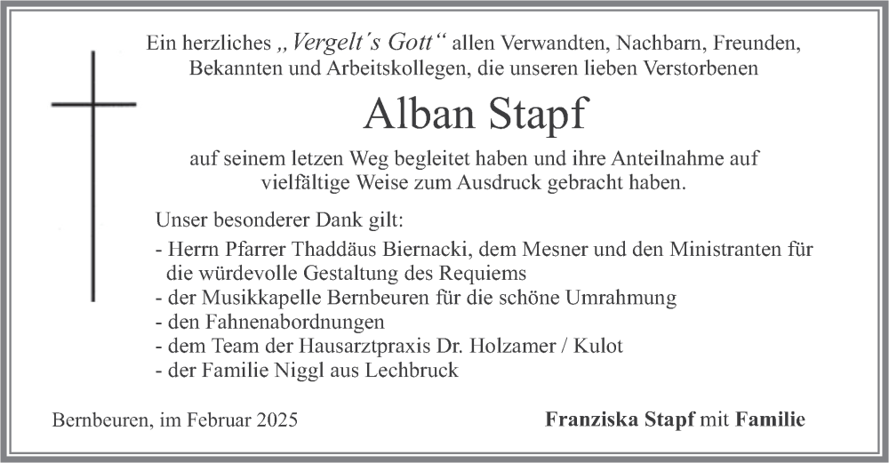  Traueranzeige für Alban Stapf vom 01.02.2025 aus merkurtz