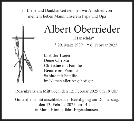 Traueranzeige von Albert Oberrieder von merkurtz
