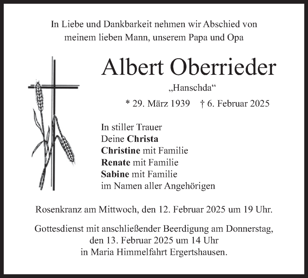  Traueranzeige für Albert Oberrieder vom 11.02.2025 aus merkurtz