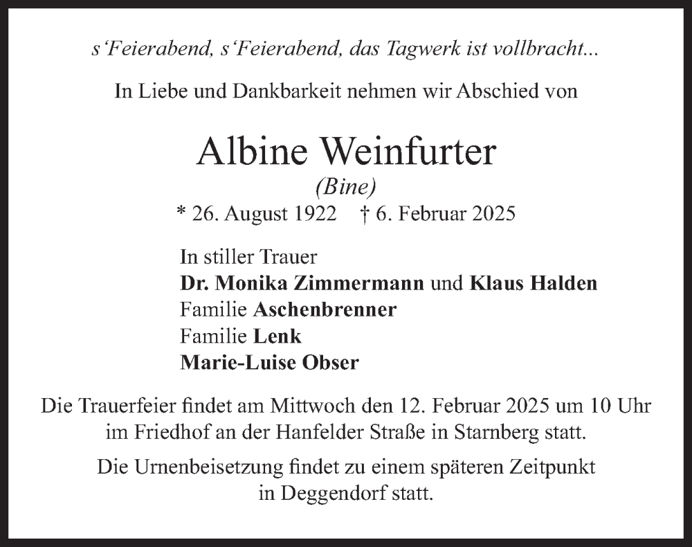  Traueranzeige für Albine Weinfurter vom 11.02.2025 aus merkurtz