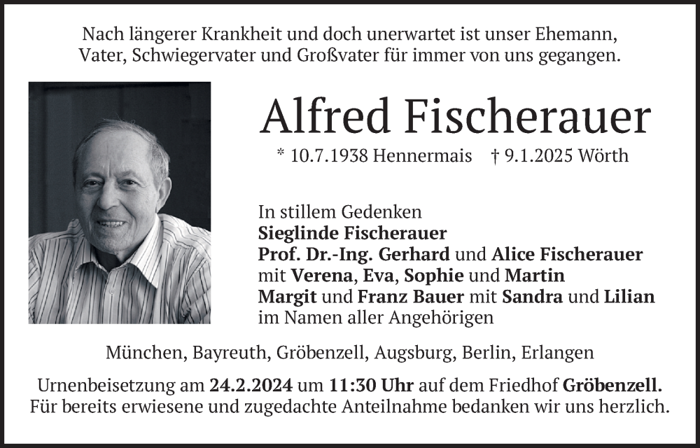  Traueranzeige für Alfred Fischerauer vom 04.02.2025 aus merkurtz