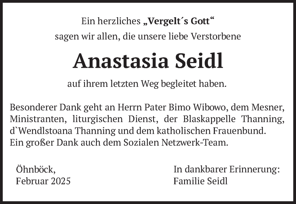  Traueranzeige für Anastasia Seidl vom 15.02.2025 aus merkurtz