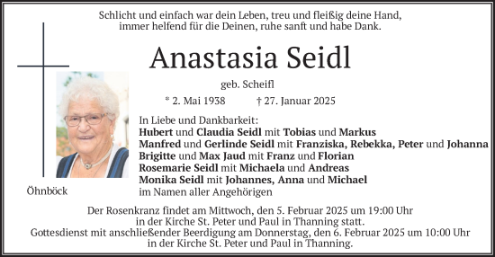 Traueranzeige von Anastasia Seidl von merkurtz