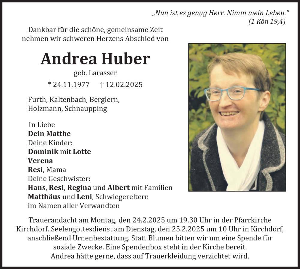  Traueranzeige für Andrea Huber vom 19.02.2025 aus merkurtz