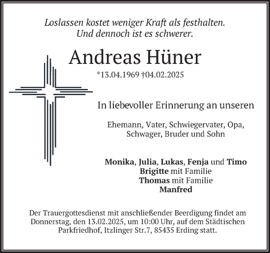 Traueranzeige von Andreas Hüner von merkurtz