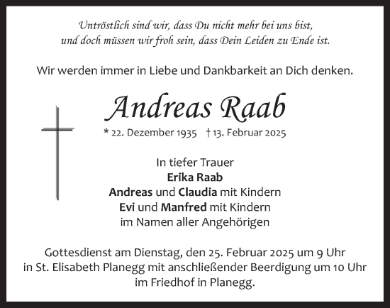 Traueranzeige von Andreas Raab von merkurtz