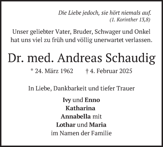 Traueranzeige von Andreas Schaudig von merkurtz