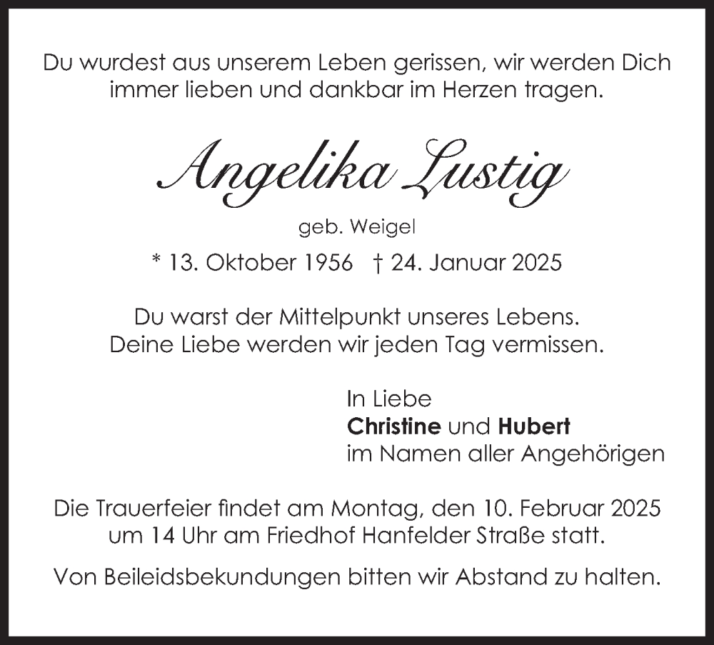  Traueranzeige für Angelika Lustig vom 08.02.2025 aus merkurtz
