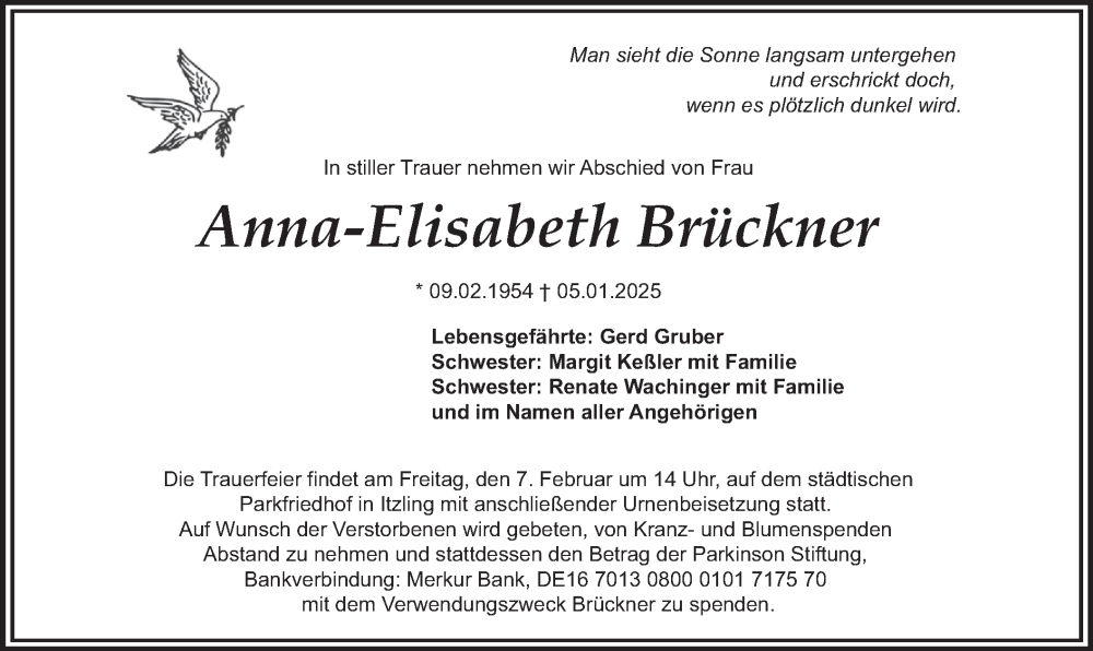  Traueranzeige für Anna-Elisabeth Brückner vom 01.02.2025 aus merkurtz