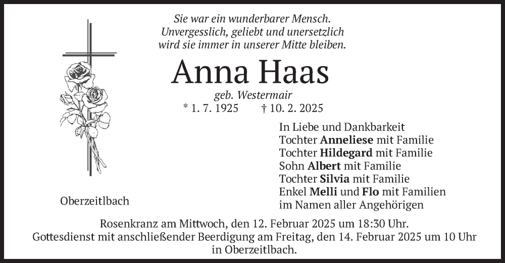  Traueranzeige für Anna Haas vom 12.02.2025 aus merkurtz