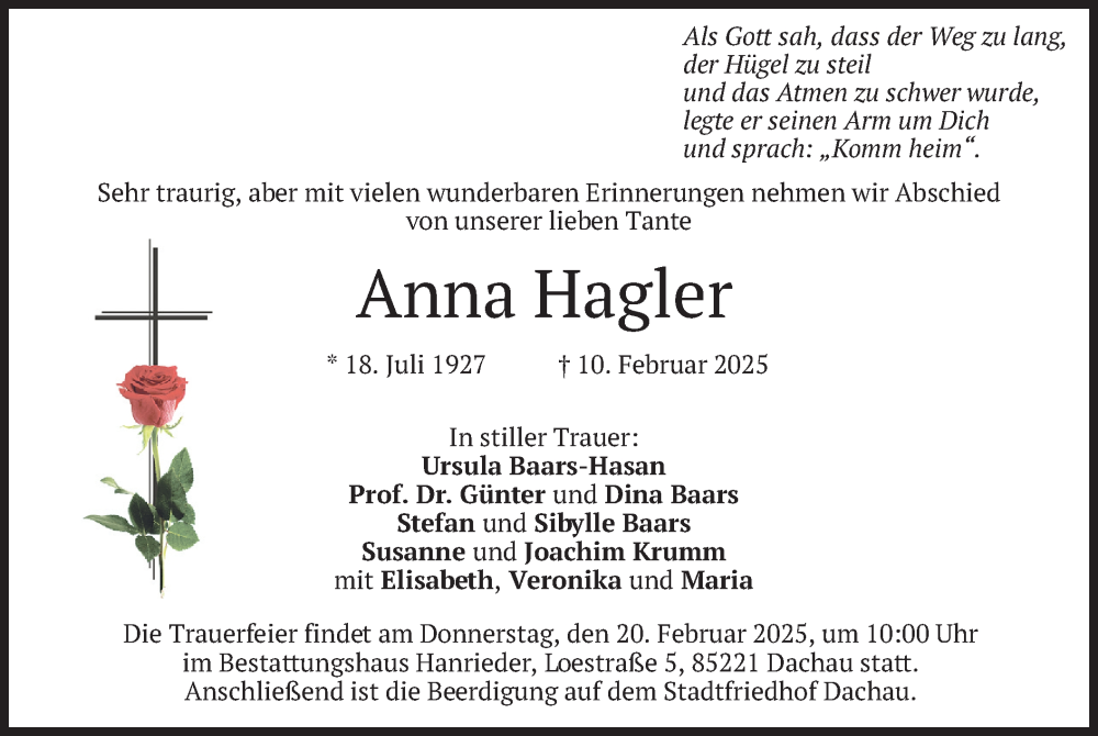  Traueranzeige für Anna Hagler vom 15.02.2025 aus merkurtz