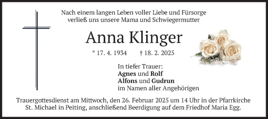 Traueranzeige von Anna Klinger von merkurtz