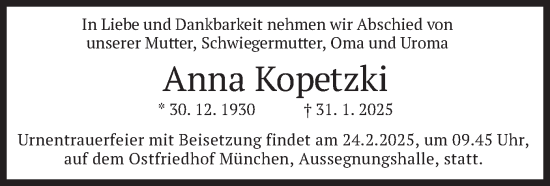 Traueranzeige von Anna Kopetzki von merkurtz