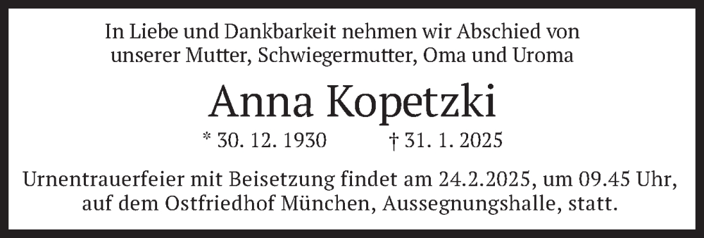  Traueranzeige für Anna Kopetzki vom 22.02.2025 aus merkurtz