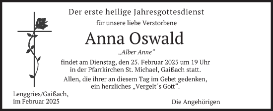 Traueranzeige von Anna Oswald von merkurtz