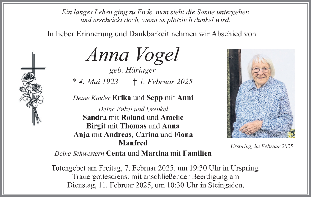  Traueranzeige für Anna Vogel vom 07.02.2025 aus merkurtz