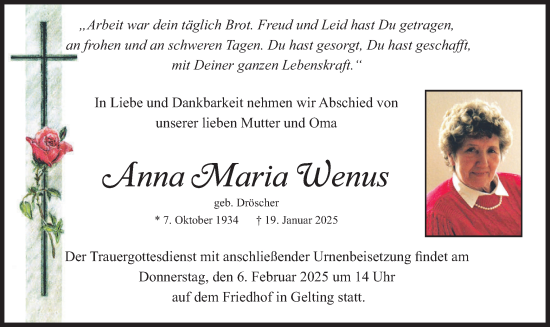Traueranzeige von Anna Maria Wenus von merkurtz