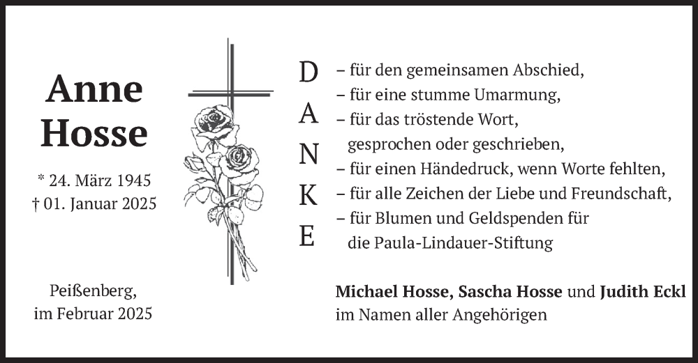  Traueranzeige für Anne Hosse vom 01.02.2025 aus merkurtz