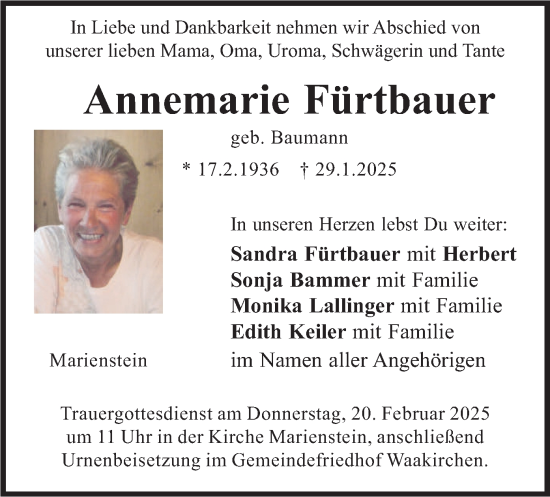 Traueranzeige von Annemarie Fürtbauer von merkurtz