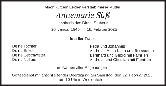 Traueranzeige von Annemarie Süß von merkurtz