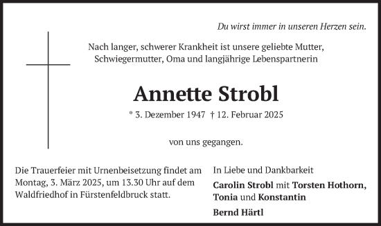 Traueranzeige von Annette Strobl von merkurtz