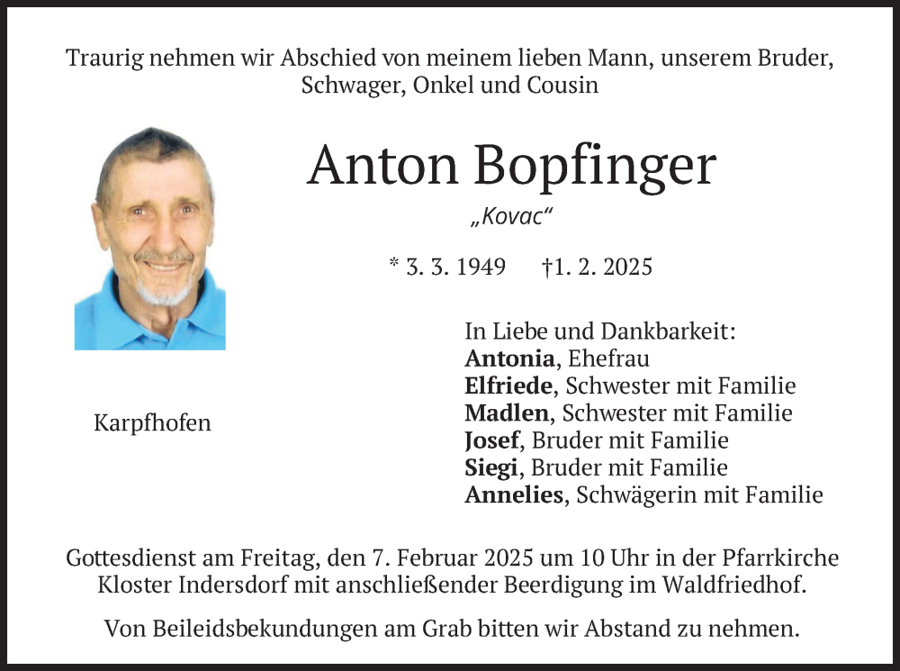  Traueranzeige für Anton Bopfinger vom 05.02.2025 aus merkurtz