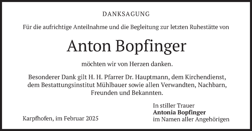 Traueranzeige für Anton Bopfinger vom 15.02.2025 aus merkurtz