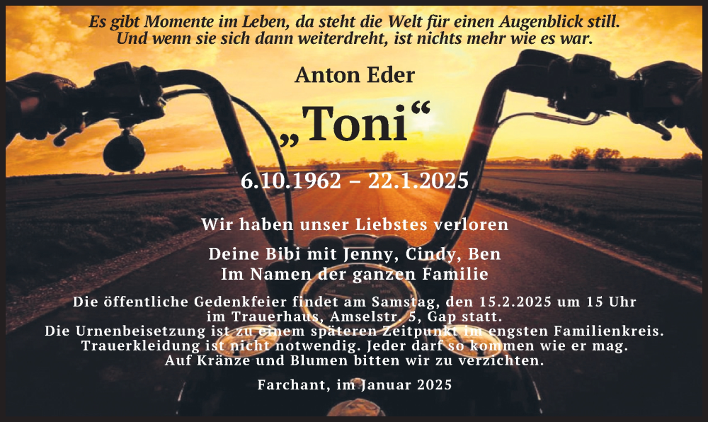  Traueranzeige für Anton Eder vom 08.02.2025 aus merkurtz