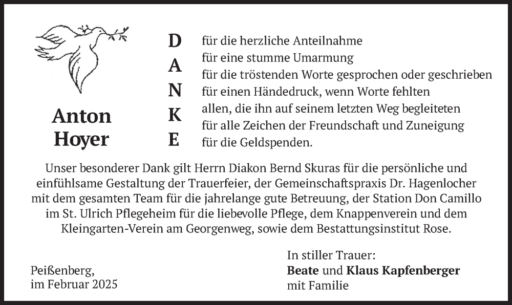 Traueranzeige für Anton Hoyer vom 01.02.2025 aus merkurtz