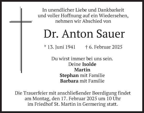 Traueranzeige von Anton Sauer von merkurtz