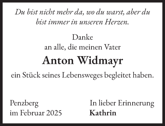 Traueranzeige von Anton Widmayr von Das Gelbe Blatt Penzberg
