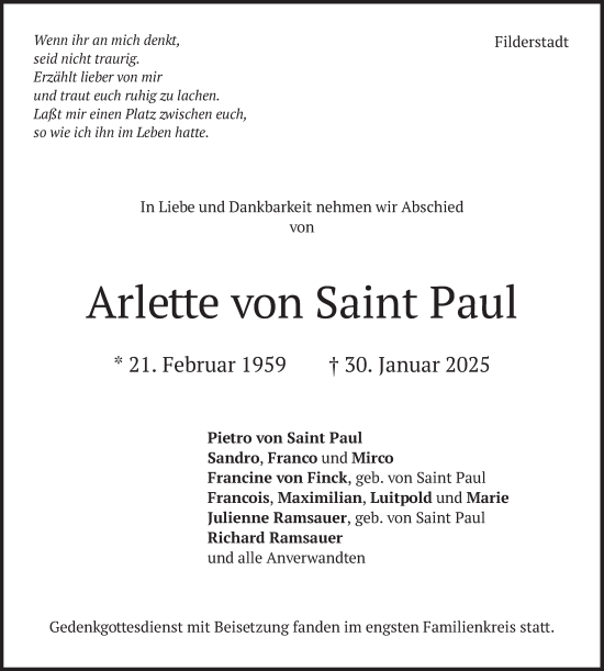 Traueranzeige von Arlette von Saint Paul von merkurtz
