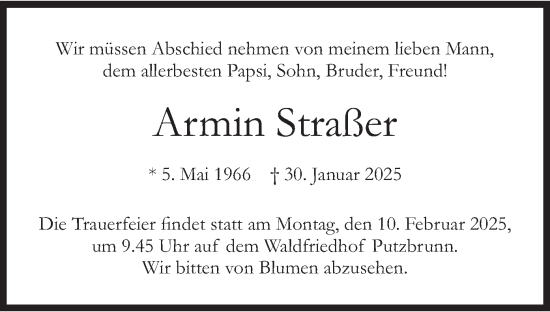 Traueranzeige von Armin Straßer von merkurtz