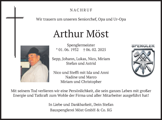 Traueranzeige von Arthur Möst von merkurtz