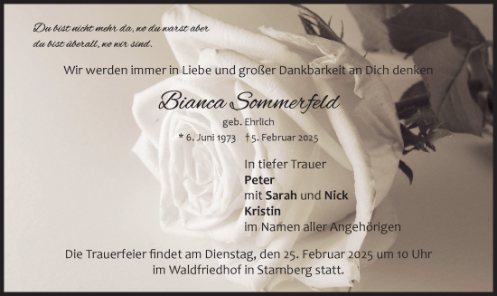 Traueranzeige von Bianca Sommerfeld von merkurtz