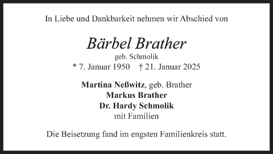 Traueranzeige von Bärbel Brather von merkurtz