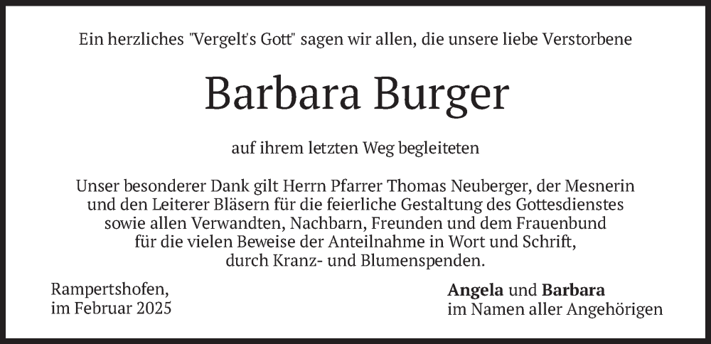  Traueranzeige für Barbara Burger vom 01.02.2025 aus merkurtz