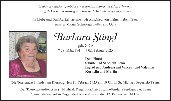 Traueranzeige von Barbara Stingl von merkurtz